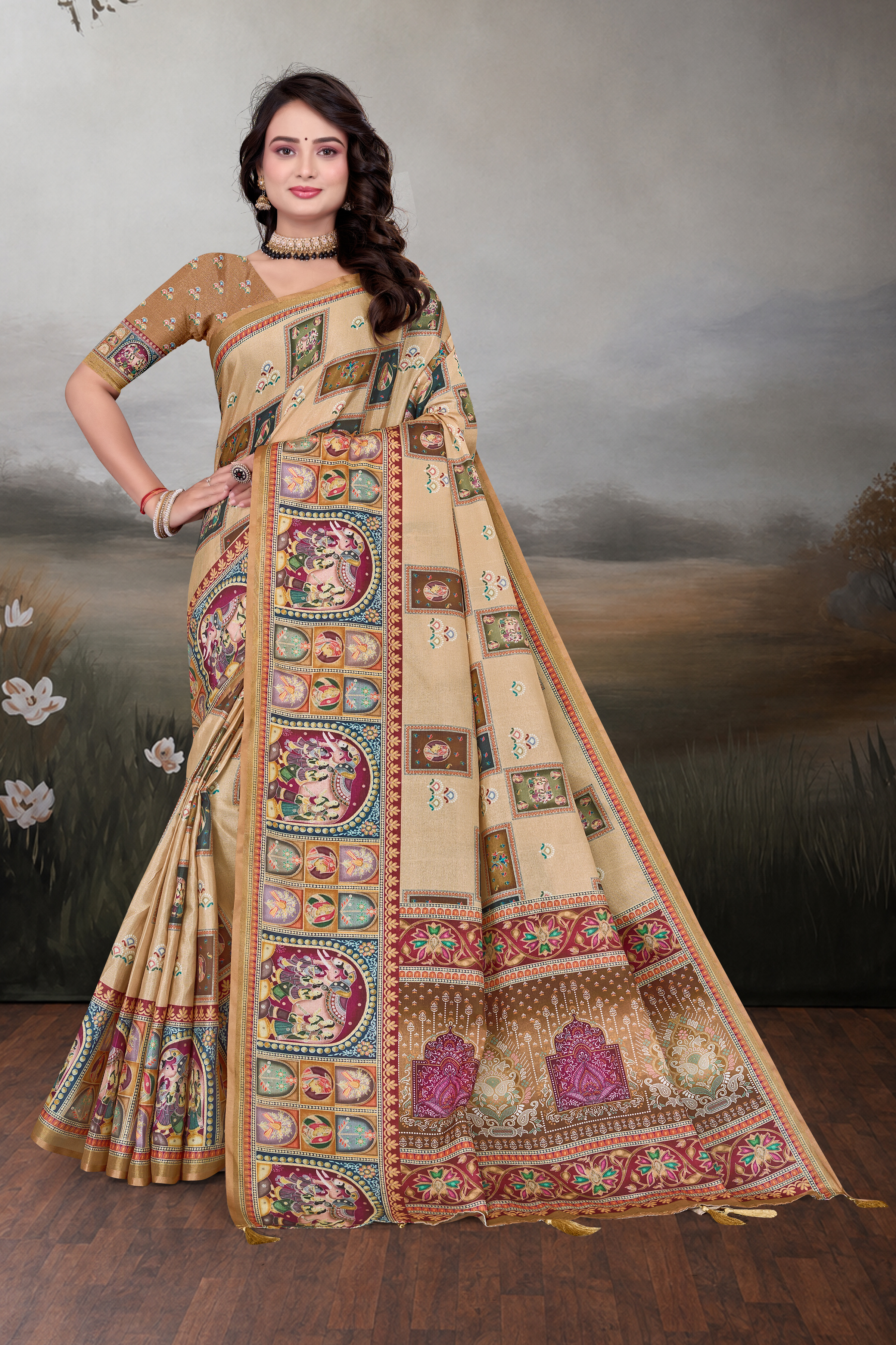 Cream Temple Motif Saree — Shree Vastra